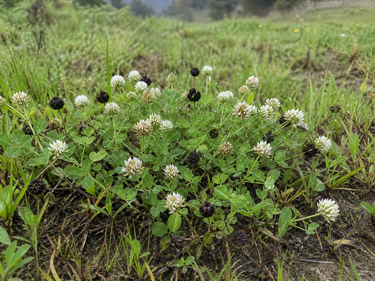 Prancha botânica complementar de Trevo-negrescente (Trifolium nigrescens subsp. nigrescens) com caracteres de identificação e ciclo de vida