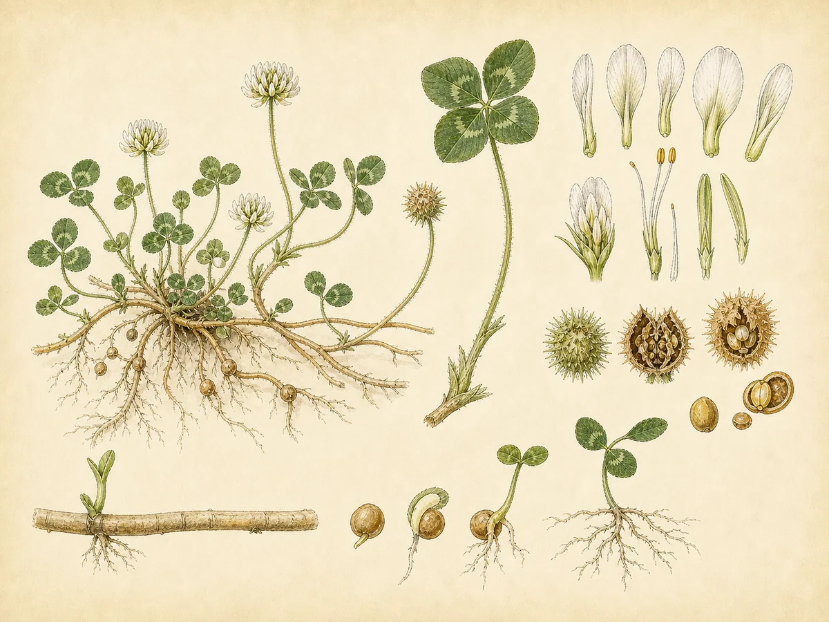 Prancha botânica complementar de Trevo-subterrâneo (Trifolium subterraneum) com caracteres de identificação e ciclo de vida