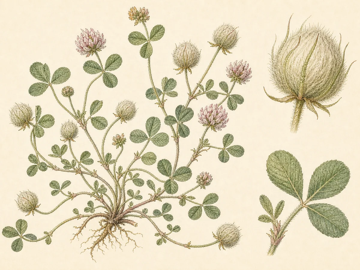 Prancha botânica complementar de Trevo-tomentoso (Trifolium tomentosum) com caracteres de identificação e ciclo de vida