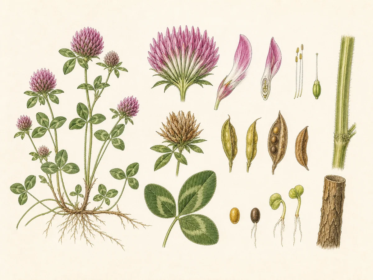 Prancha botânica complementar de Trevo-violeta (Trifolium pratense) com caracteres de identificação e ciclo de vida