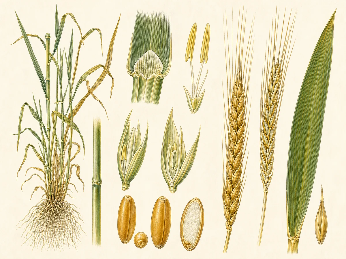 Prancha botânica complementar de Trigo-duro (Triticum turgidum subsp. durum) com caracteres de identificação e ciclo de vida