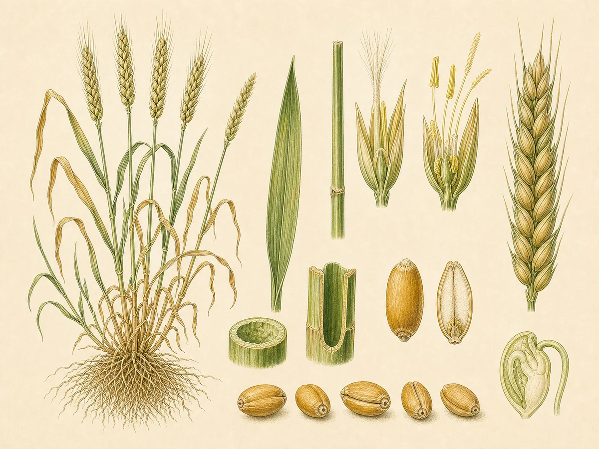 Prancha botânica complementar de Trigo-mole (Triticum aestivum) com caracteres de identificação e ciclo de vida