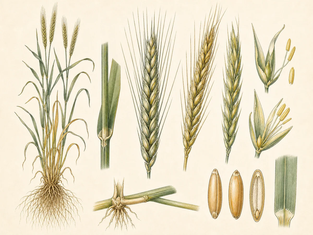 Prancha botânica complementar de Triticale (× Triticosecale) com caracteres de identificação e ciclo de vida