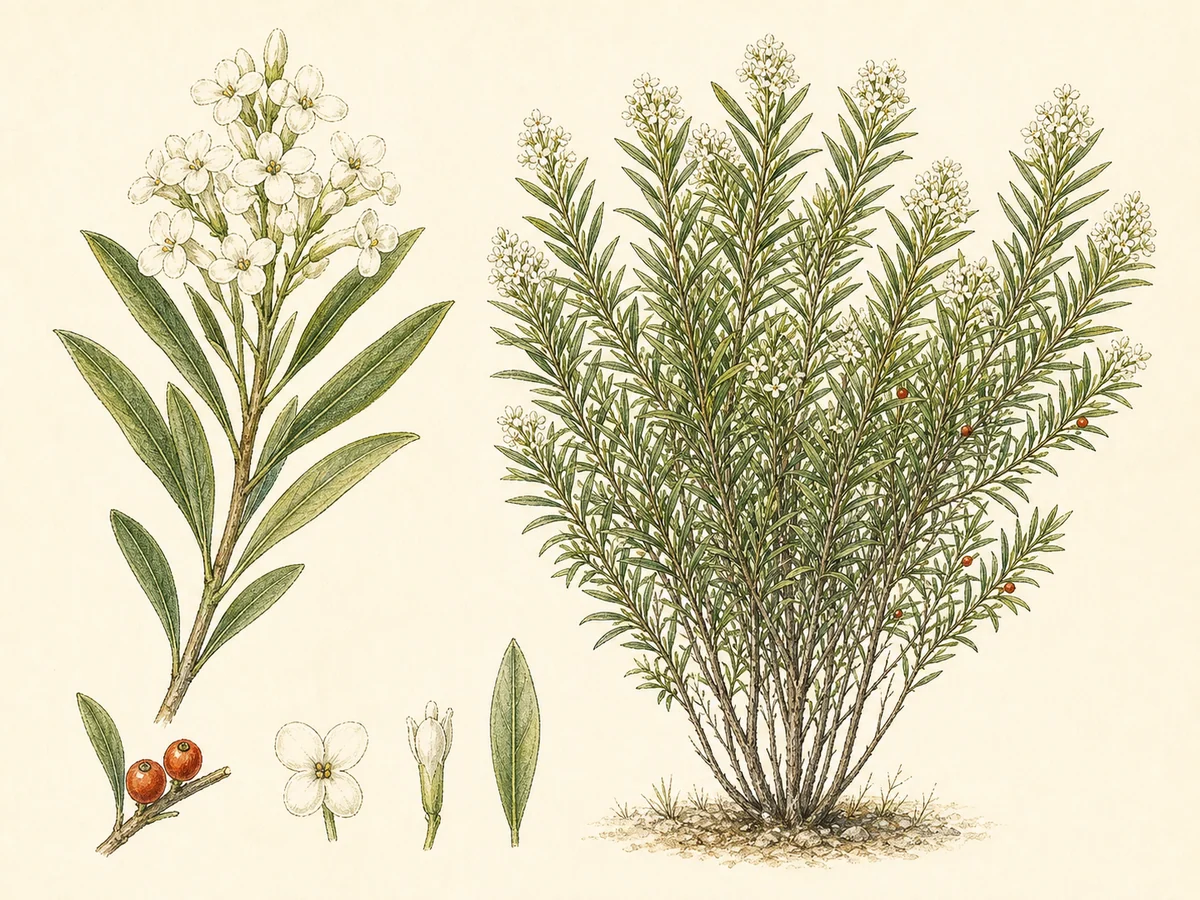 Prancha botânica complementar de Trovisco (Daphne gnidium) com caracteres de identificação e ciclo de vida