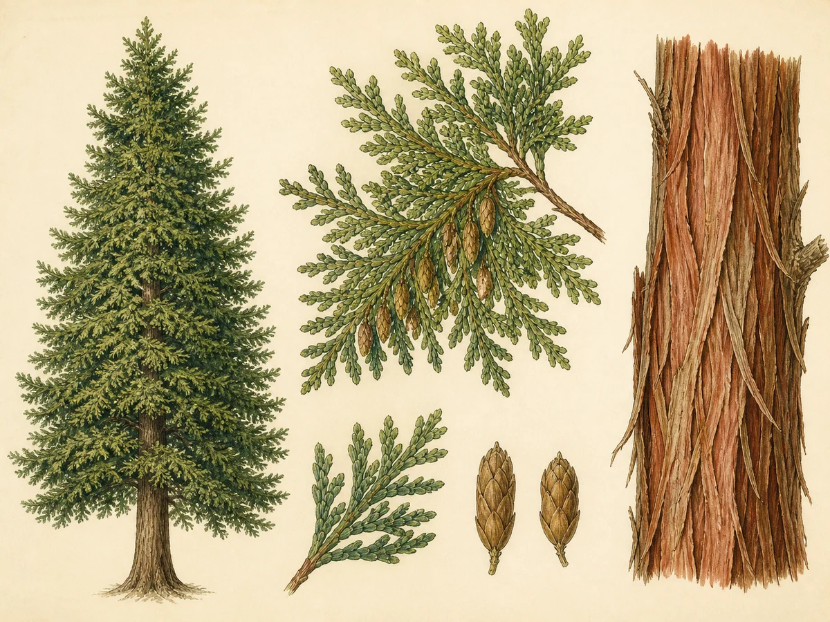 Prancha botânica complementar de Tuia-gigante (Thuja plicata) com caracteres de identificação e ciclo de vida