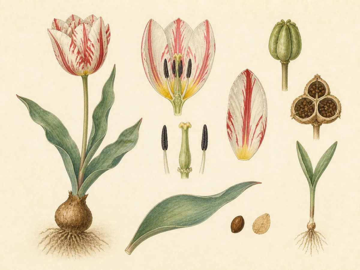Prancha botânica complementar de Tulipa (Tulipa gesneriana) com caracteres de identificação e ciclo de vida