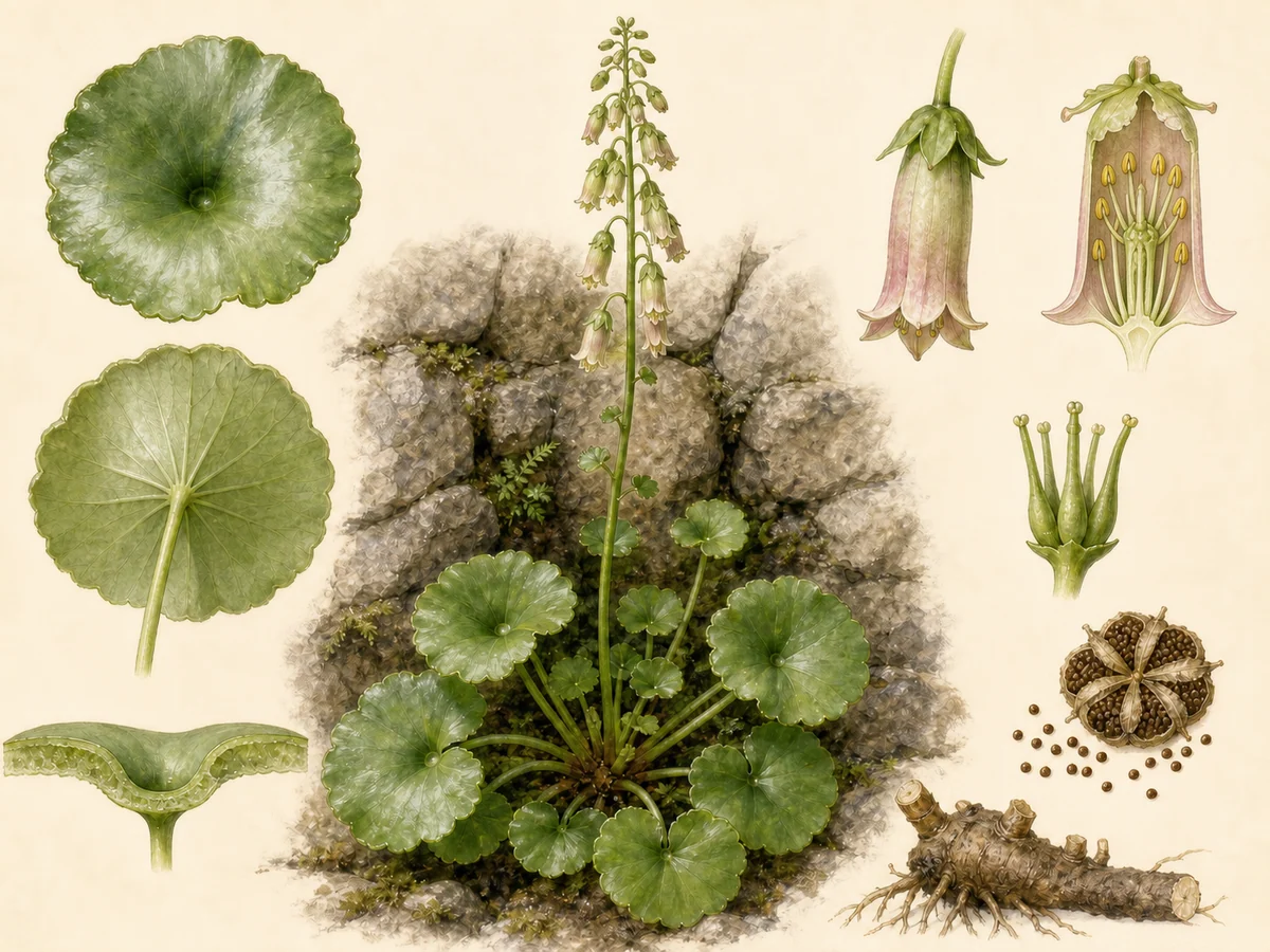 Prancha botânica complementar de Umbigo-de-vénus (Umbilicus rupestris) com caracteres de identificação e ciclo de vida