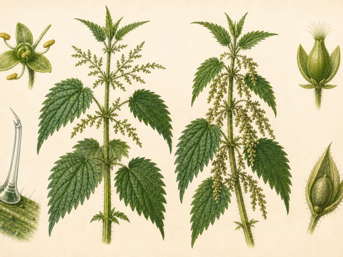Prancha botânica complementar de Urtiga-maior (Urtica dioica) com caracteres de identificação e ciclo de vida