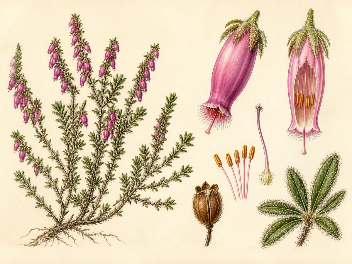 Prancha botânica complementar de Urze-carapaça (Erica ciliaris) com caracteres de identificação e ciclo de vida