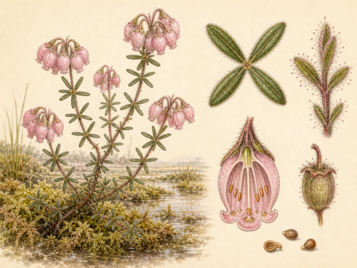 Prancha botânica complementar de Urze-das-turfeiras (Erica tetralix) com caracteres de identificação e ciclo de vida