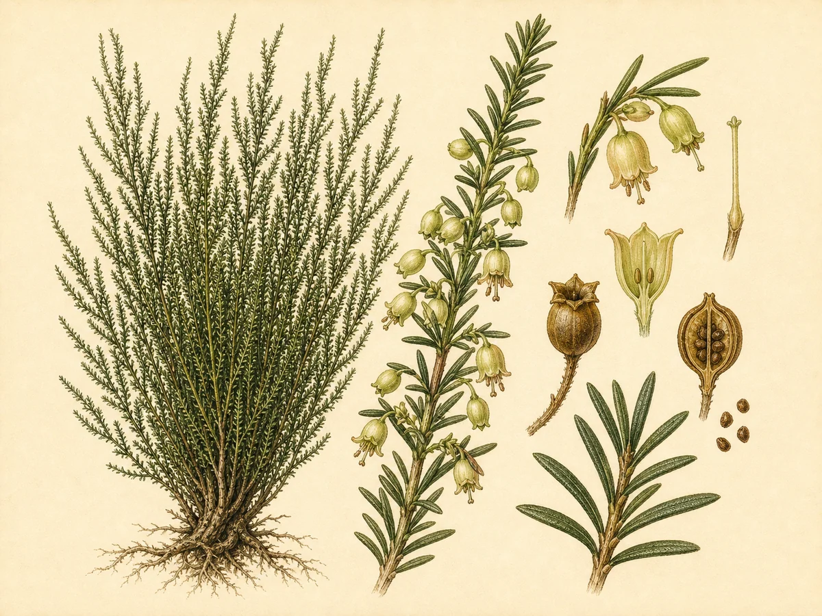 Prancha botânica complementar de Urze-das-vassouras (Erica scoparia subsp. scoparia) com caracteres de identificação e ciclo de vida