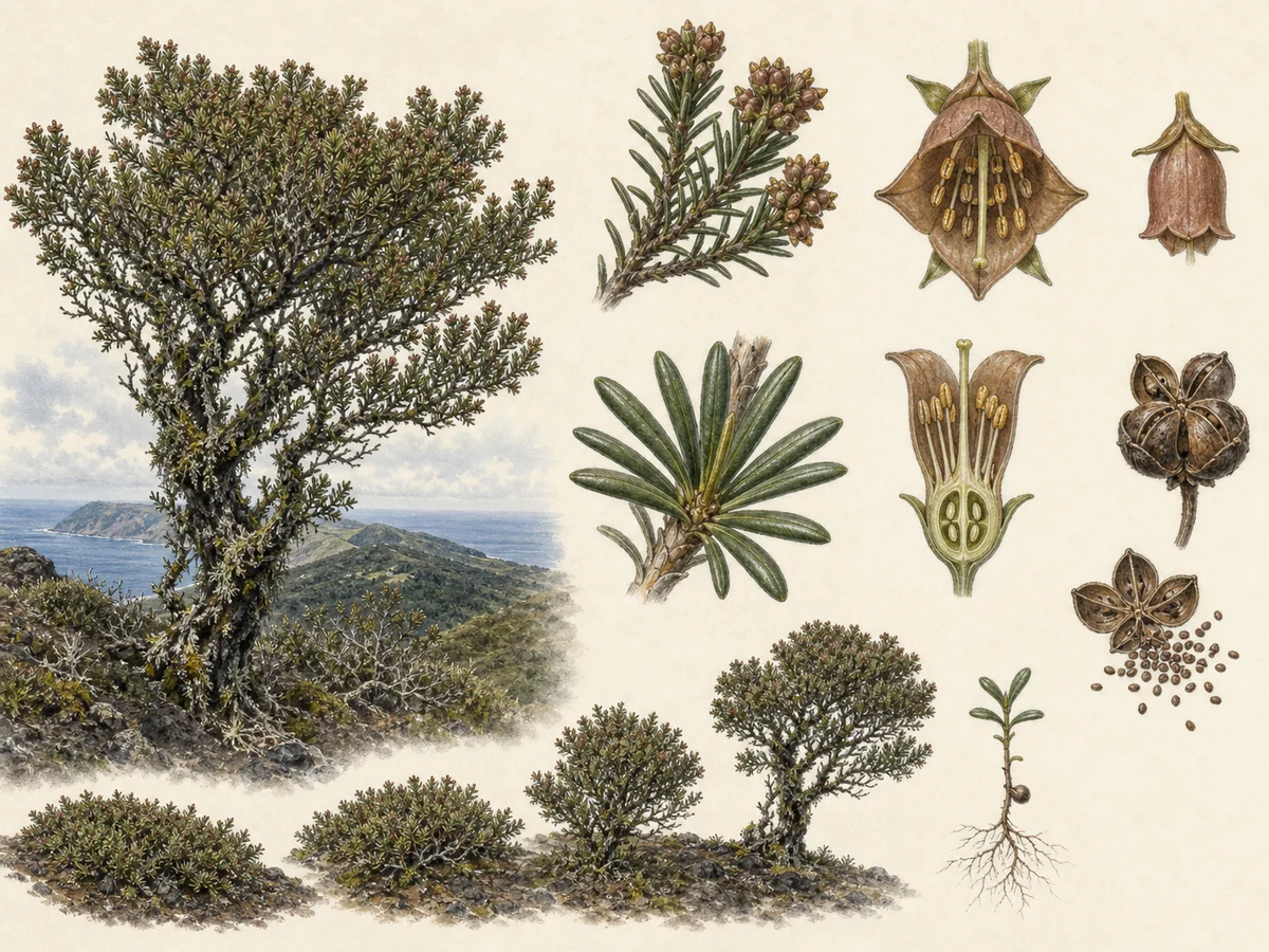 Prancha botânica complementar de Urze-dos-Açores (Erica azorica) com caracteres de identificação e ciclo de vida