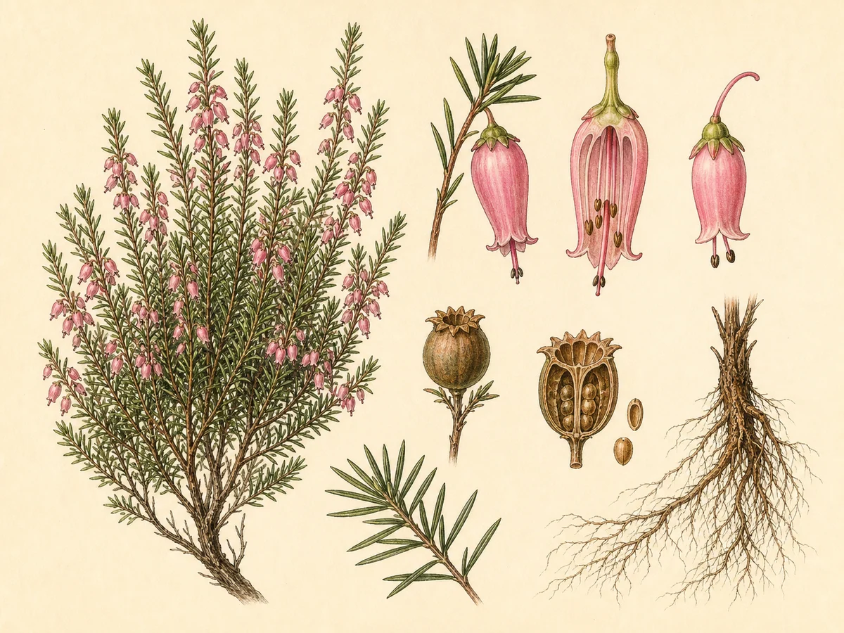 Prancha botânica complementar de Urze-dos-brejos (Erica erigena) com caracteres de identificação e ciclo de vida