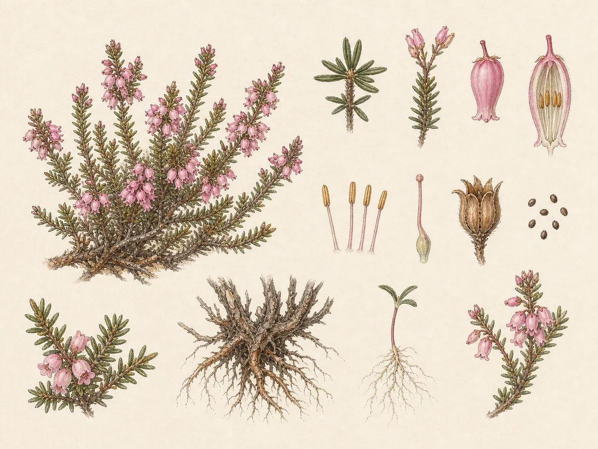 Prancha botânica complementar de Urze-mineira (Erica andevalensis) com caracteres de identificação e ciclo de vida