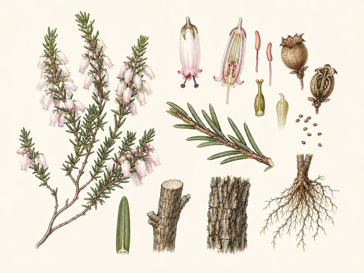 Prancha botânica complementar de Urze-portuguesa (Erica lusitanica) com caracteres de identificação e ciclo de vida