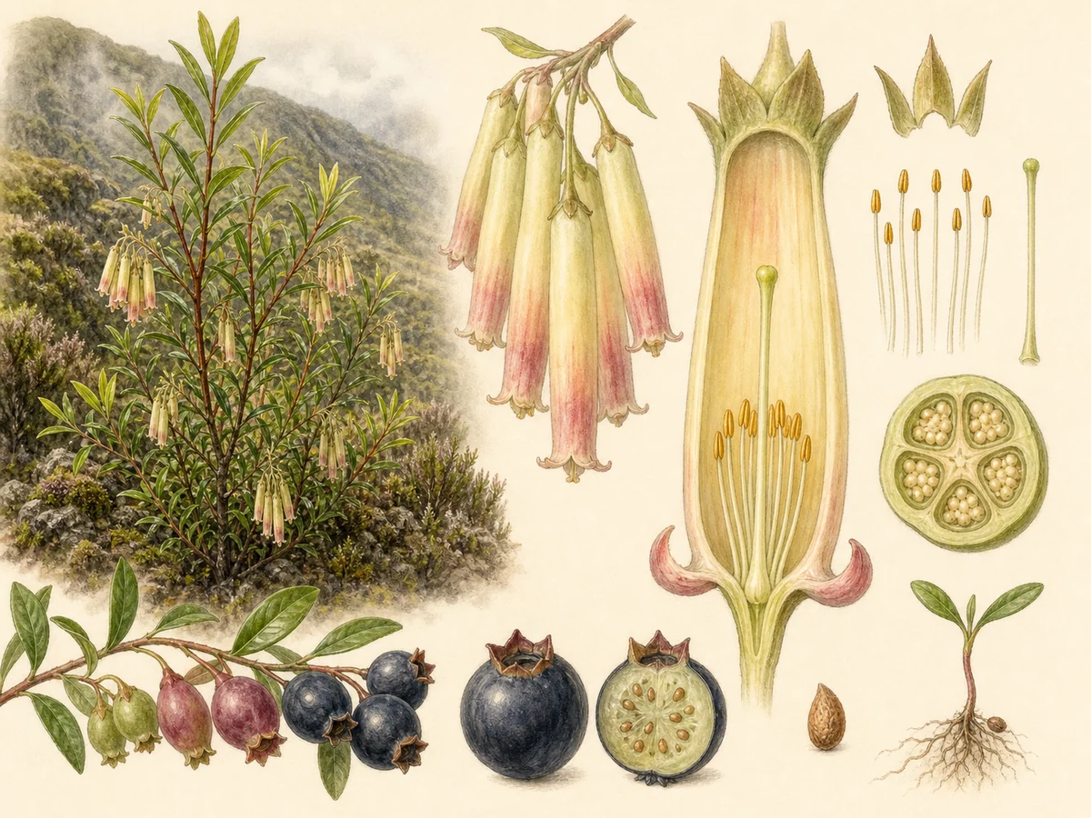 Prancha botânica complementar de Uva-da-serra dos Açores (Vaccinium cylindraceum) com caracteres de identificação e ciclo de vida