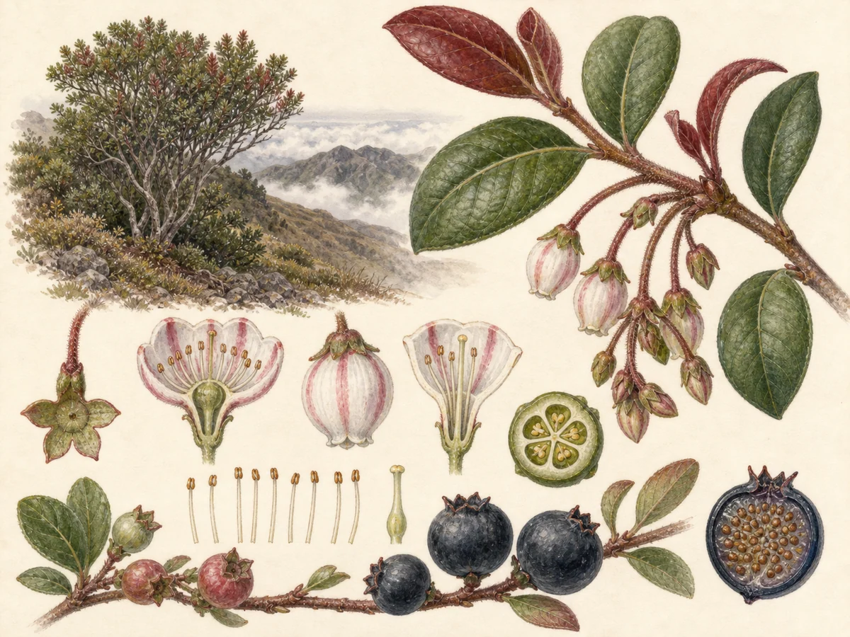 Prancha botânica complementar de Uveira-da-serra da Madeira (Vaccinium padifolium) com caracteres de identificação e ciclo de vida