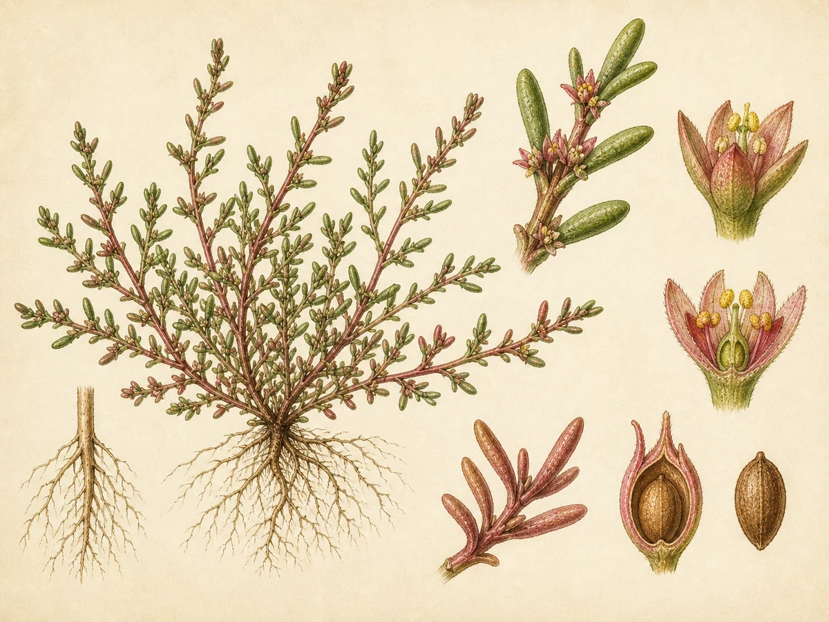 Prancha botânica complementar de Valverde-esplêndido (Suaeda splendens) com caracteres de identificação e ciclo de vida