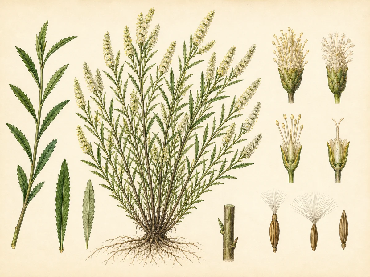 Prancha botânica complementar de Vassoura-de-folha-estreita — não plantar (Baccharis spicata) com caracteres de identificação e ciclo de vida