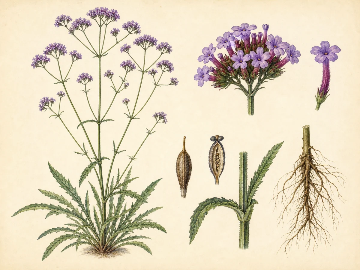 Prancha botânica complementar de Verbena bonariensis — não plantar na Madeira (Verbena bonariensis) com caracteres de identificação e ciclo de vida