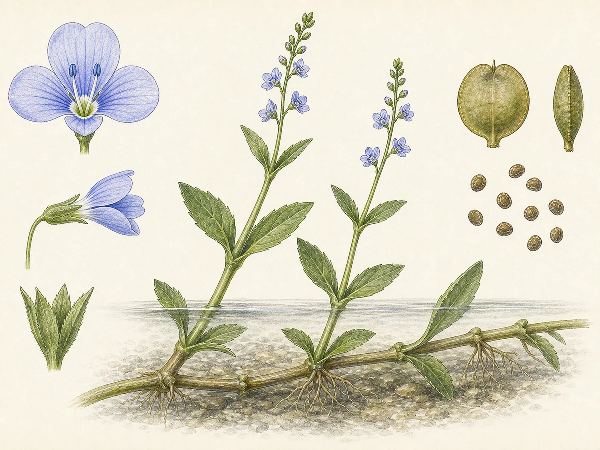 Prancha botânica complementar de Verónica-de-água (Veronica anagallis-aquatica) com caracteres de identificação e ciclo de vida