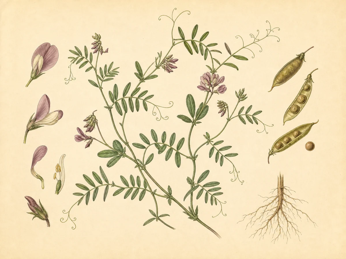 Prancha botânica complementar de Vicia capreolata (Vicia capreolata) com caracteres de identificação e ciclo de vida