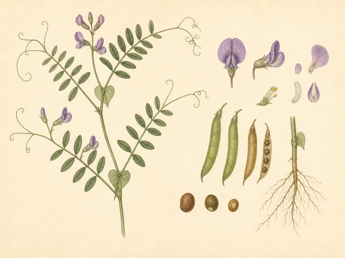 Prancha botânica complementar de Vicia cordata (Vicia cordata) com caracteres de identificação e ciclo de vida