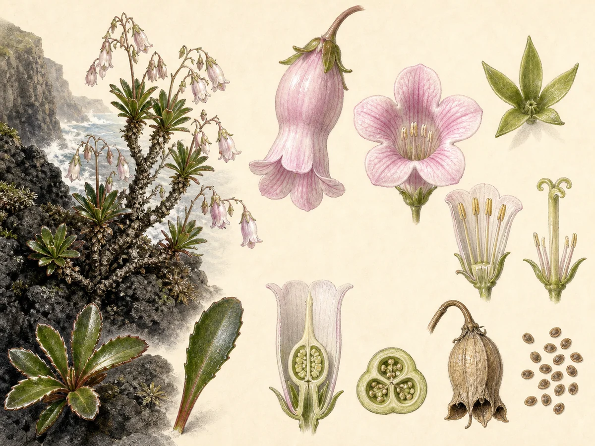 Prancha botânica complementar de Vidália (Campanula vidalii) com caracteres de identificação e ciclo de vida