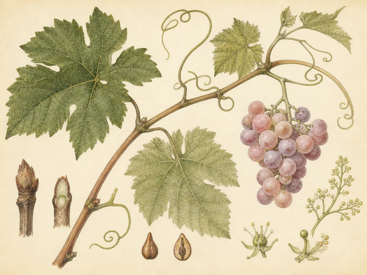 Prancha botânica complementar de Videira Alvarinho-Lilás (Vitis vinifera 'Alvarinho-Lilás') com caracteres de identificação e ciclo de vida