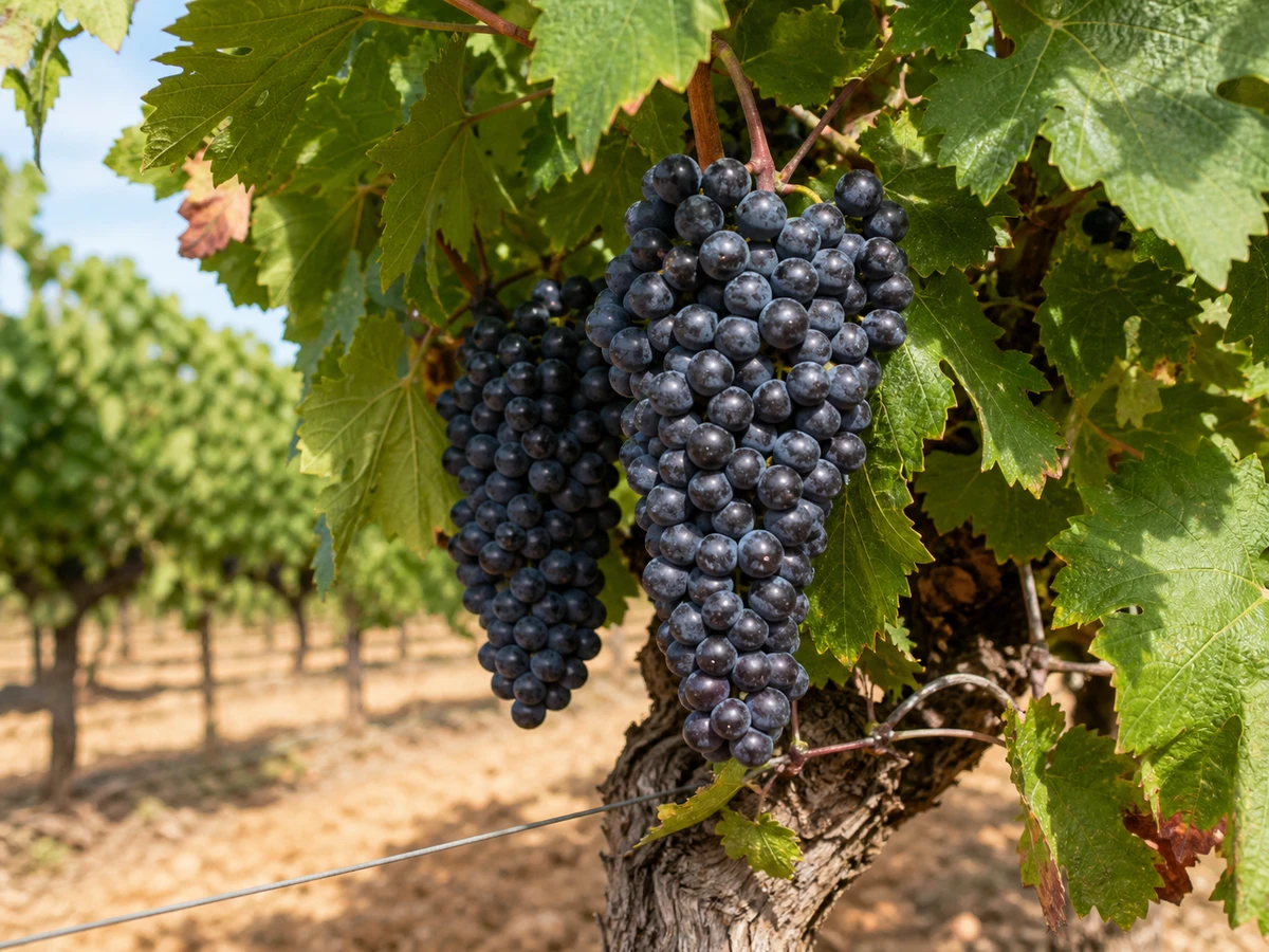 Prancha botânica complementar de Videira Aragonez (Vitis vinifera 'Aragonez') com caracteres de identificação e ciclo de vida