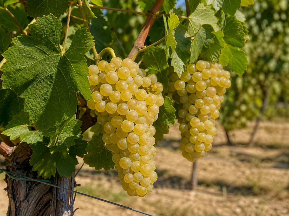 Prancha botânica complementar de Videira Arnsburger (Vitis vinifera 'Arnsburger') com caracteres de identificação e ciclo de vida