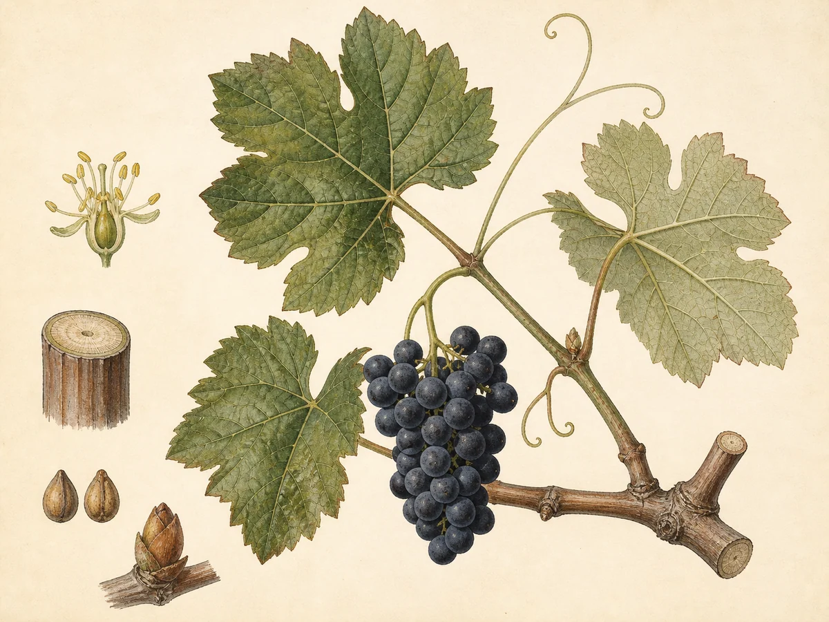 Prancha botânica complementar de Videira Bastardo (Vitis vinifera 'Bastardo') com caracteres de identificação e ciclo de vida