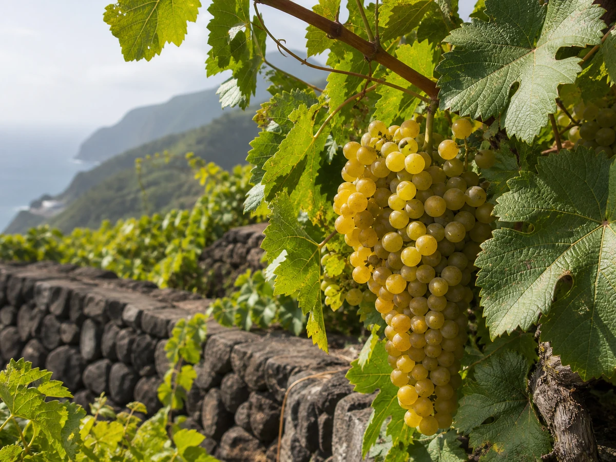 Prancha botânica complementar de Videira Caracol (Vitis vinifera 'Caracol') com caracteres de identificação e ciclo de vida