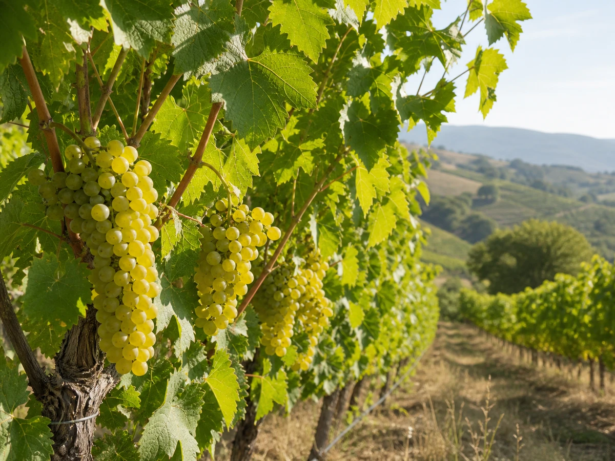 Prancha botânica complementar de Videira Chardonnay (Vitis vinifera 'Chardonnay') com caracteres de identificação e ciclo de vida