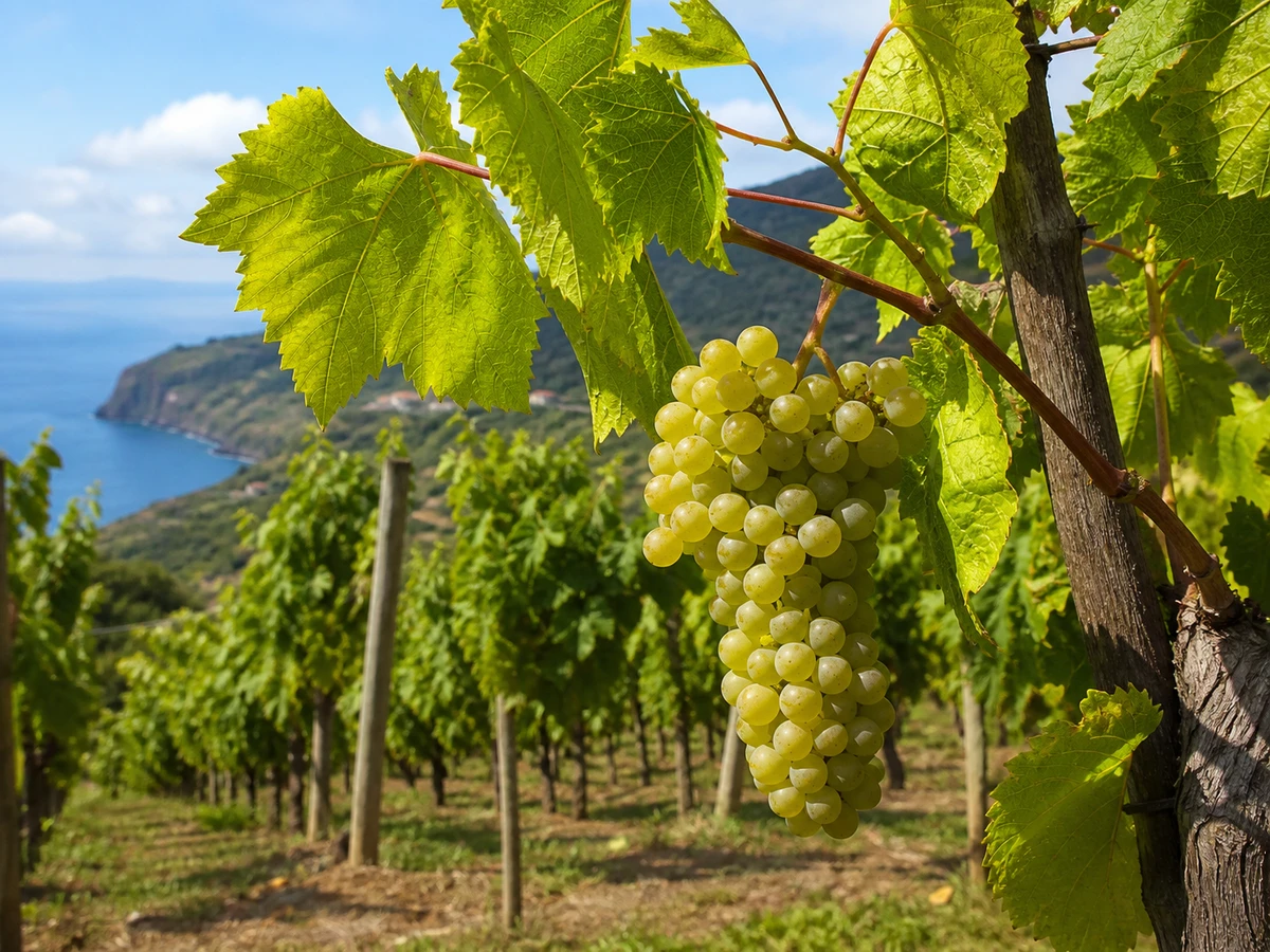 Prancha botânica complementar de Videira Chenin (Vitis vinifera 'Chenin') com caracteres de identificação e ciclo de vida