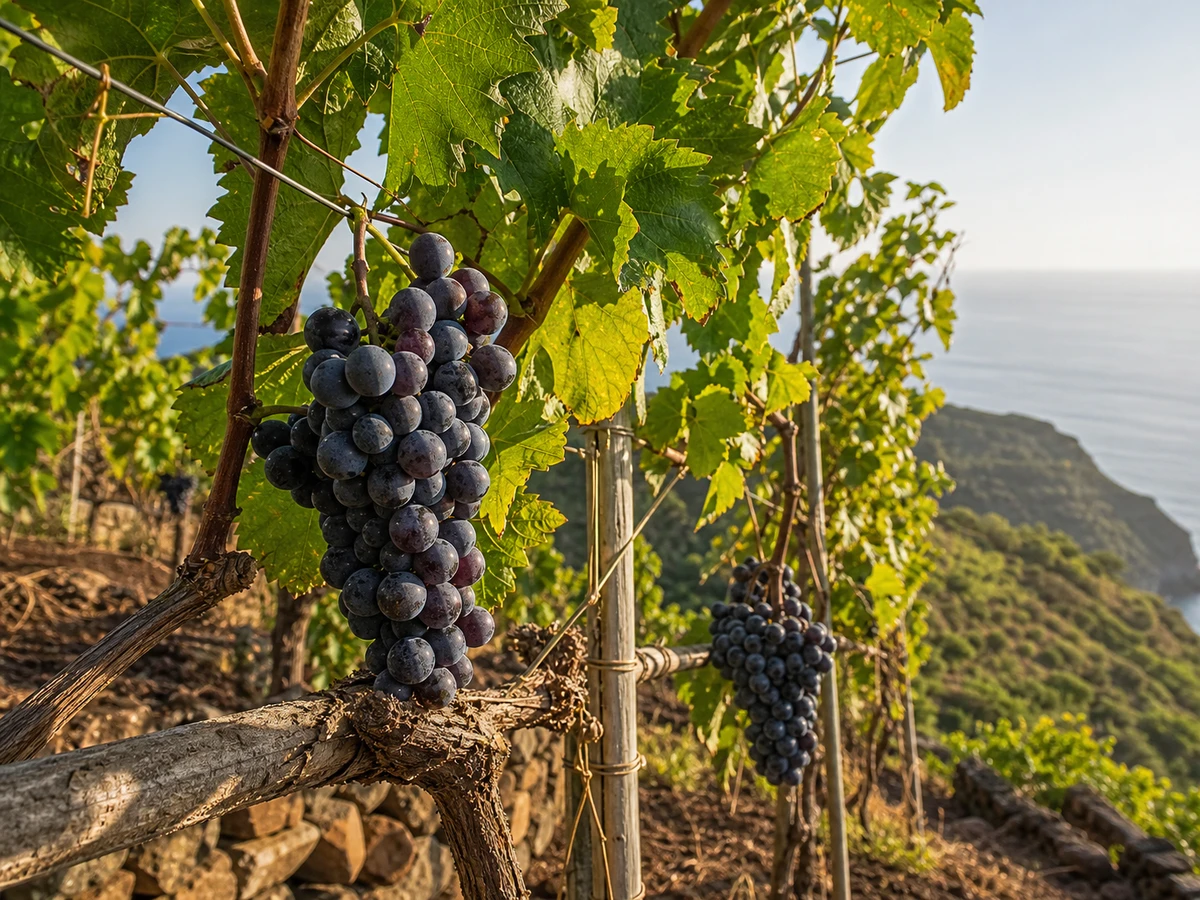 Prancha botânica complementar de Videira Complexa (Vitis vinifera 'Complexa') com caracteres de identificação e ciclo de vida