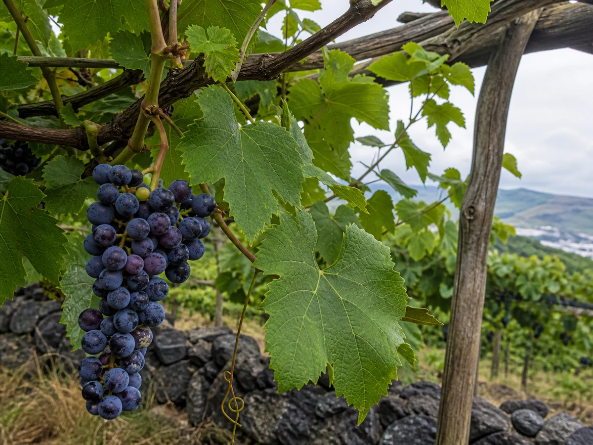 Prancha botânica complementar de Videira Deliciosa (Vitis vinifera 'Deliciosa') com caracteres de identificação e ciclo de vida