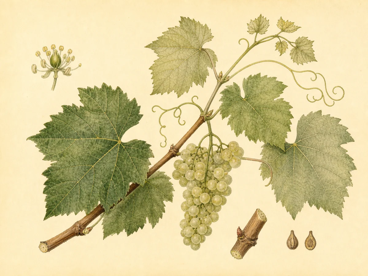 Prancha botânica complementar de Videira Folgasão (Vitis vinifera 'Folgasão') com caracteres de identificação e ciclo de vida