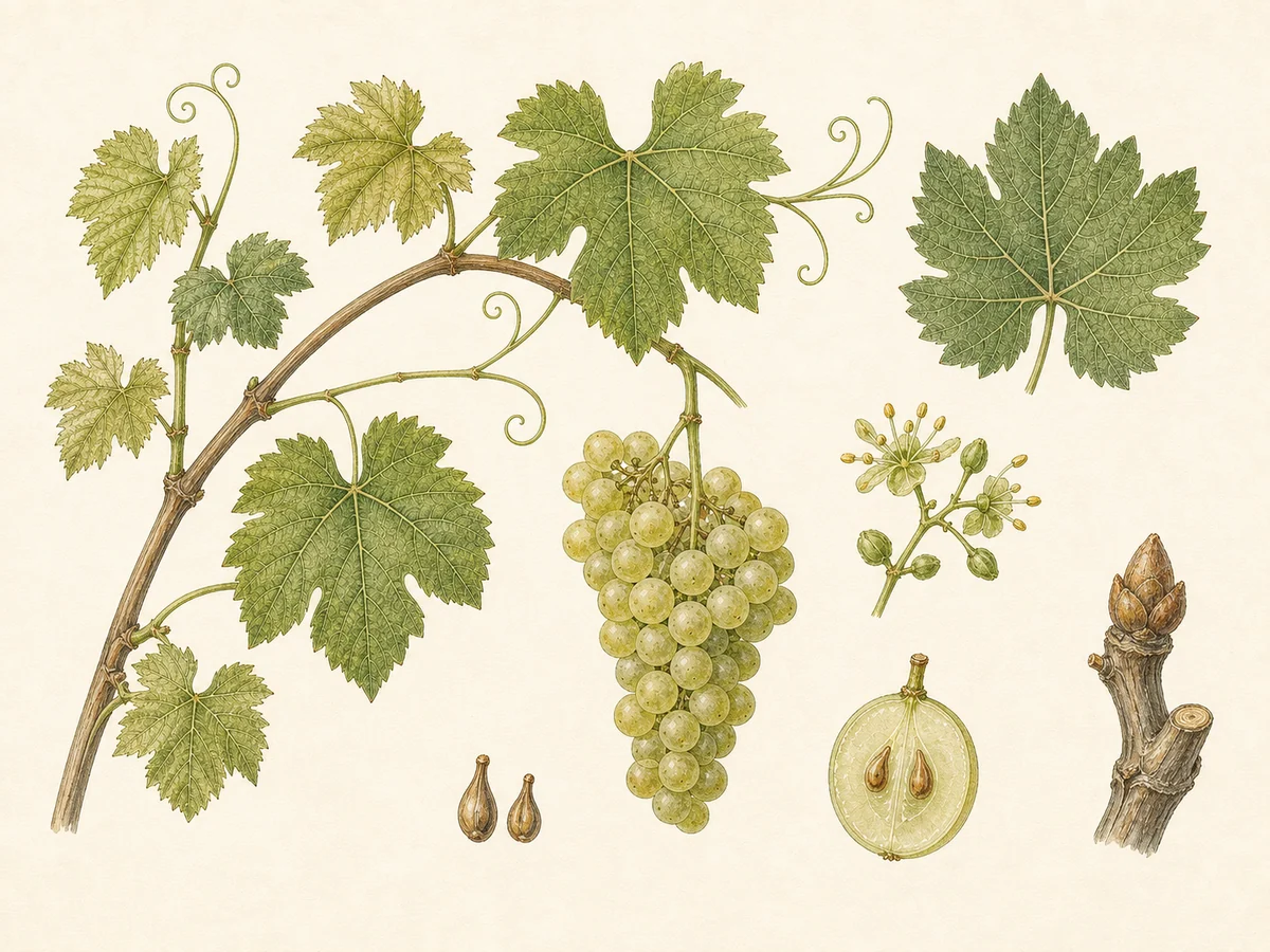 Prancha botânica complementar de Videira Listrão (Vitis vinifera 'Listrão') com caracteres de identificação e ciclo de vida