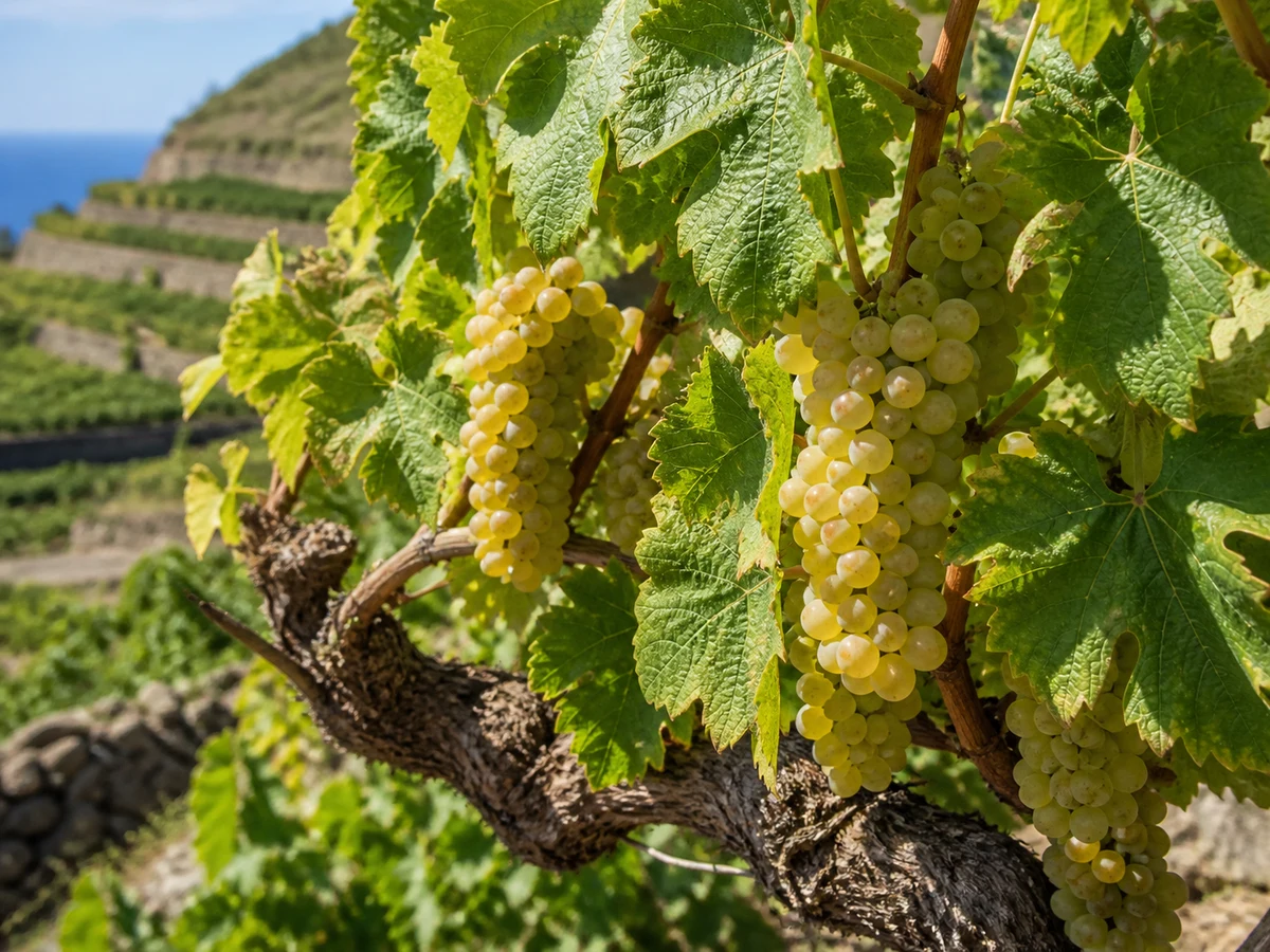 Prancha botânica complementar de Videira Malvasia-Bianca (Vitis vinifera 'Malvasia-Bianca') com caracteres de identificação e ciclo de vida