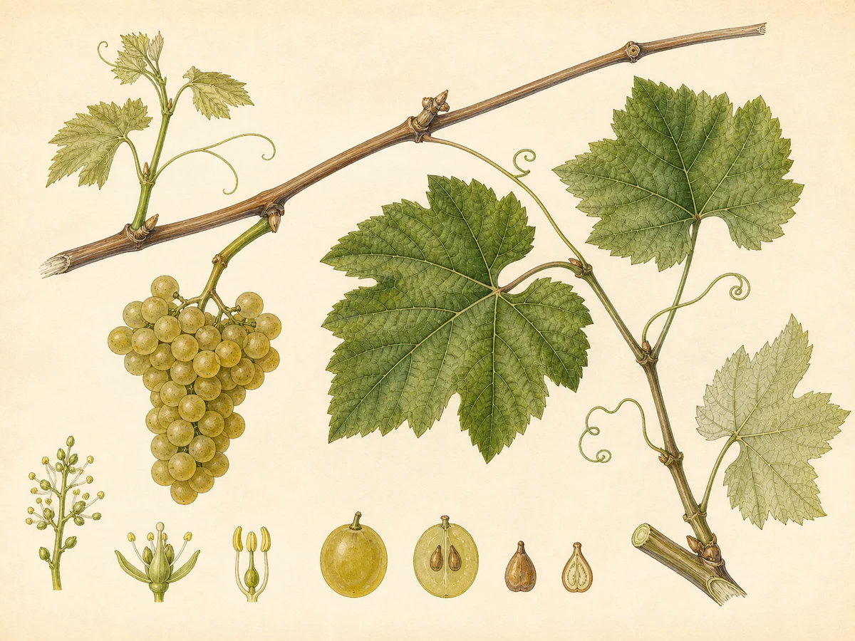 Prancha botânica complementar de Videira Malvasia Branca-de-São-Jorge (Vitis vinifera 'Malvasia Branca-de-São-Jorge') com caracteres de identificação e ciclo de vida