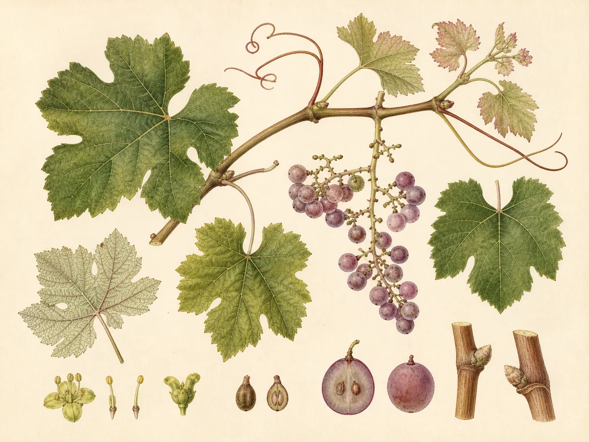 Prancha botânica complementar de Videira Malvasia-Cândida-Roxa (Vitis vinifera 'Malvasia-Cândida-Roxa') com caracteres de identificação e ciclo de vida