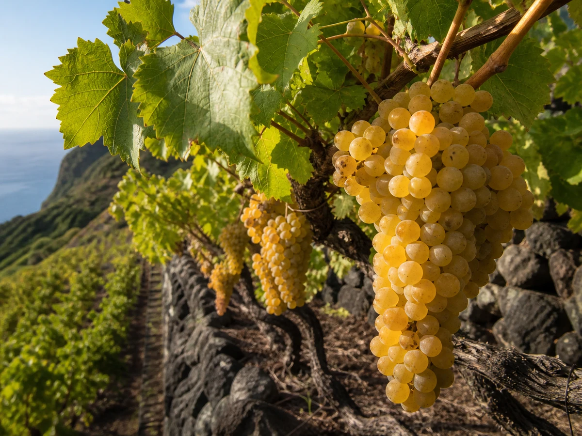 Prancha botânica complementar de Videira Malvasia-Cândida (Vitis vinifera 'Malvasia-Cândida') com caracteres de identificação e ciclo de vida