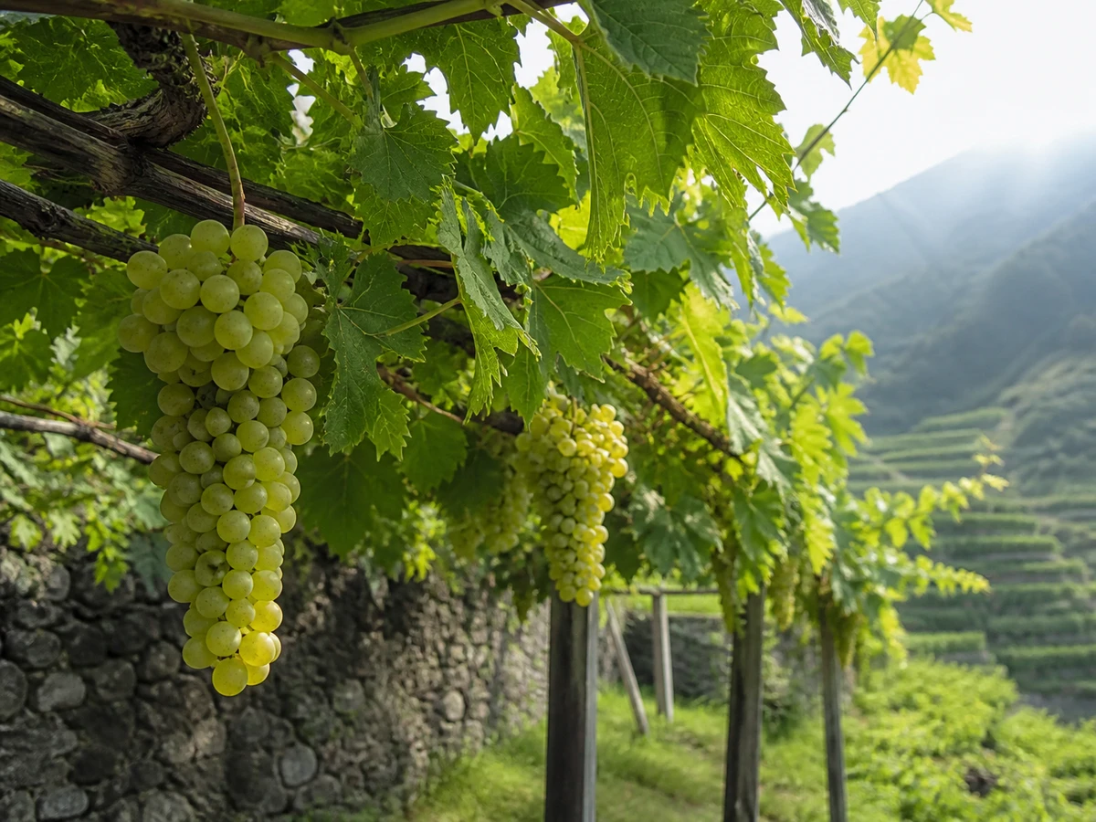 Prancha botânica complementar de Videira Malvasia-Fina (Vitis vinifera 'Malvasia-Fina') com caracteres de identificação e ciclo de vida