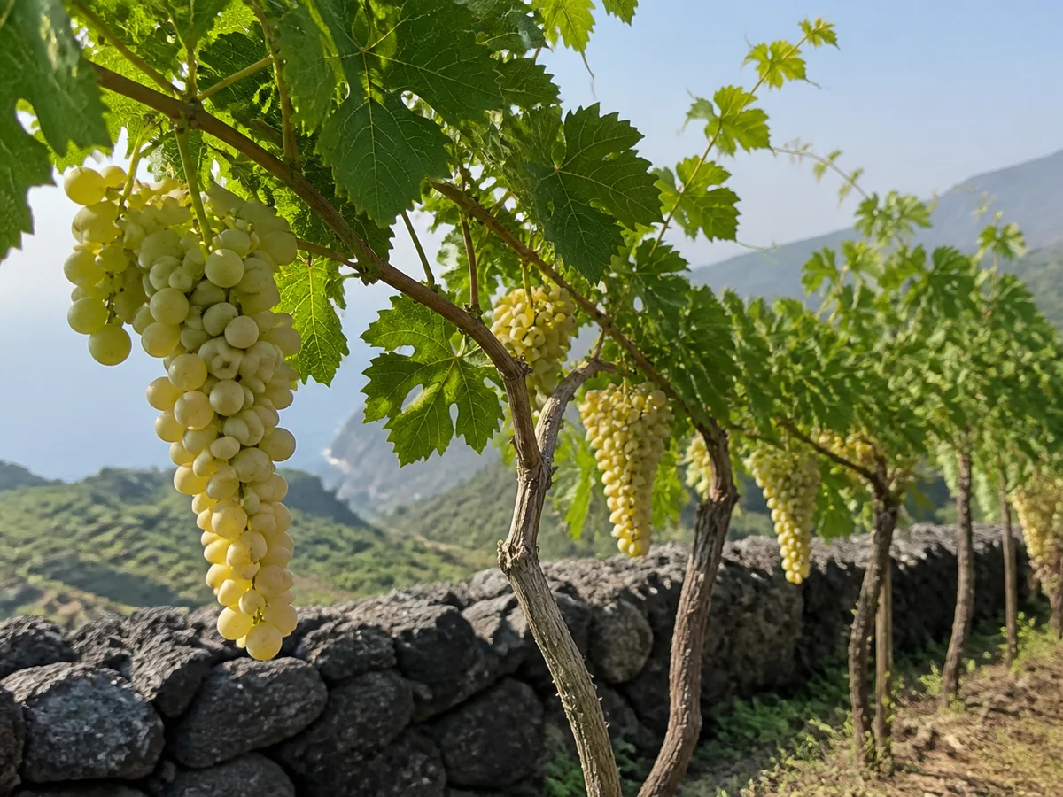 Prancha botânica complementar de Videira Malvasia-Rei (Vitis vinifera 'Malvasia-Rei') com caracteres de identificação e ciclo de vida