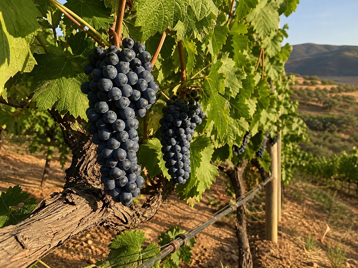 Prancha botânica complementar de Videira Merlot (Vitis vinifera 'Merlot') com caracteres de identificação e ciclo de vida