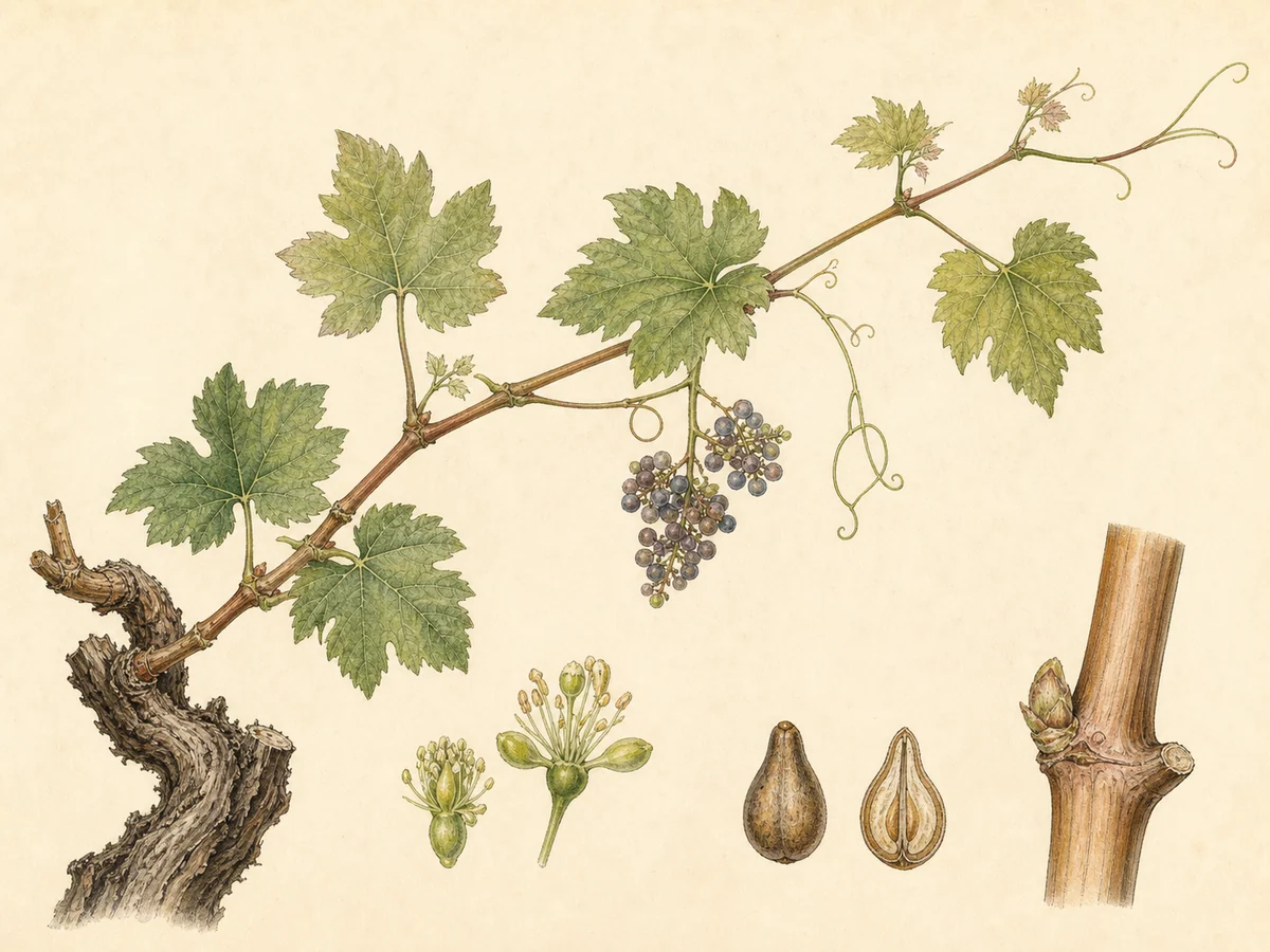 Prancha botânica complementar de Videira Rio Grande (Vitis vinifera 'Rio Grande') com caracteres de identificação e ciclo de vida