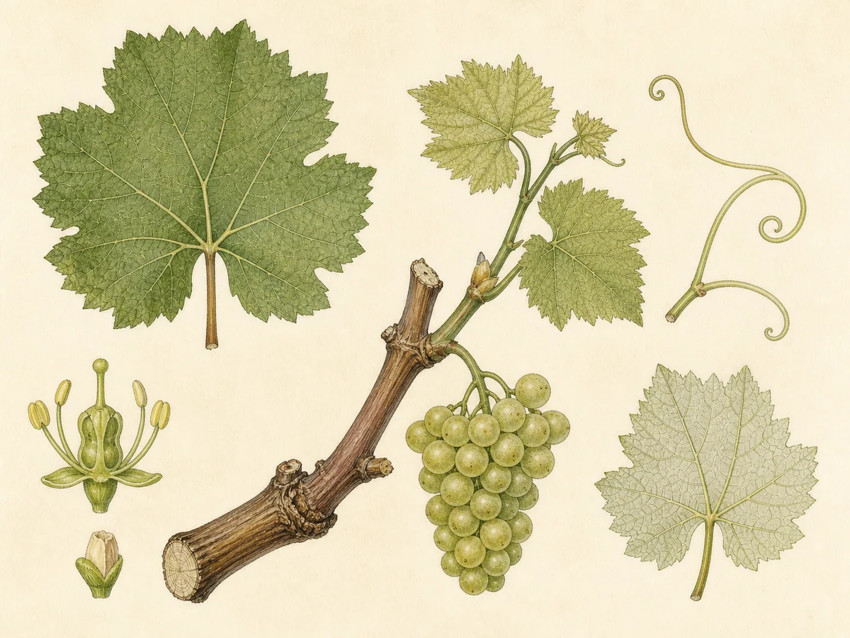 Prancha botânica complementar de Videira Sauvignon (Vitis vinifera 'Sauvignon') com caracteres de identificação e ciclo de vida