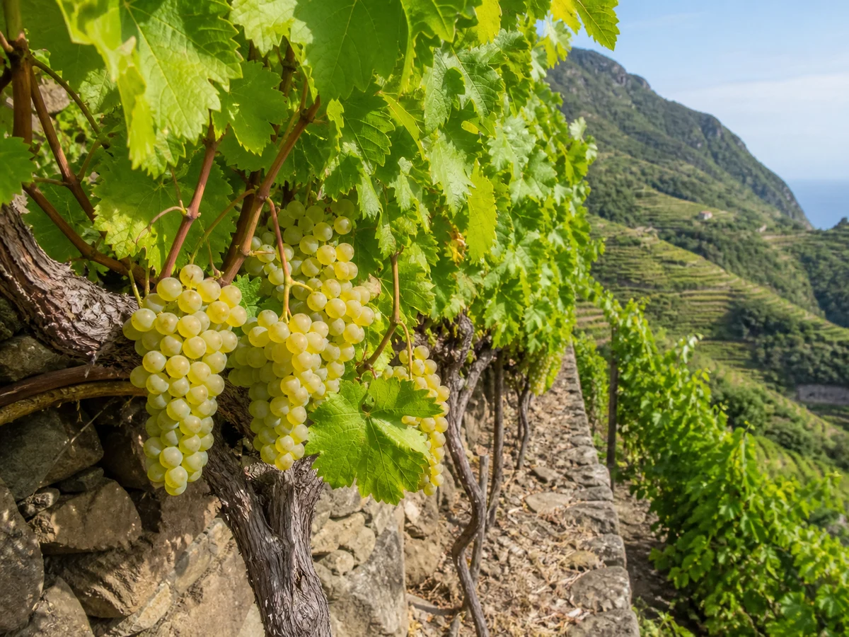 Prancha botânica complementar de Videira Sercial (Vitis vinifera 'Sercial') com caracteres de identificação e ciclo de vida