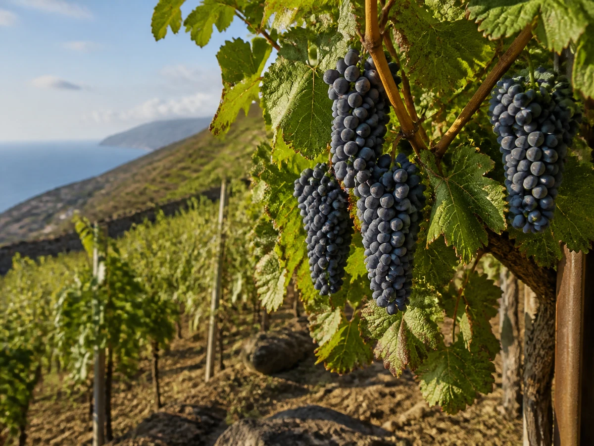 Prancha botânica complementar de Videira Syrah (Vitis vinifera 'Syrah') com caracteres de identificação e ciclo de vida
